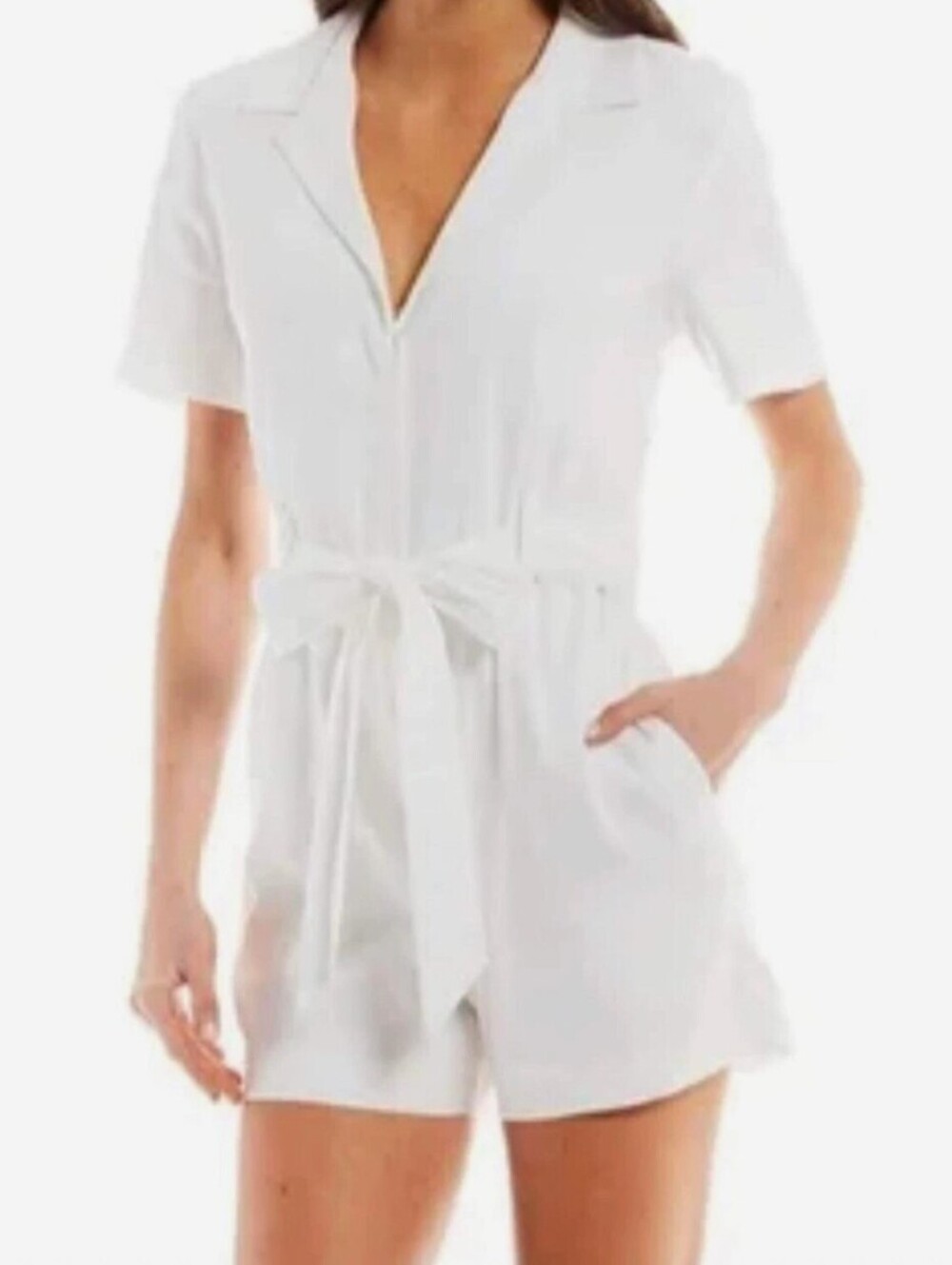 Alex Marie White Tie Waist Linen Blend 3.5" Lined Romper - Size - 16
